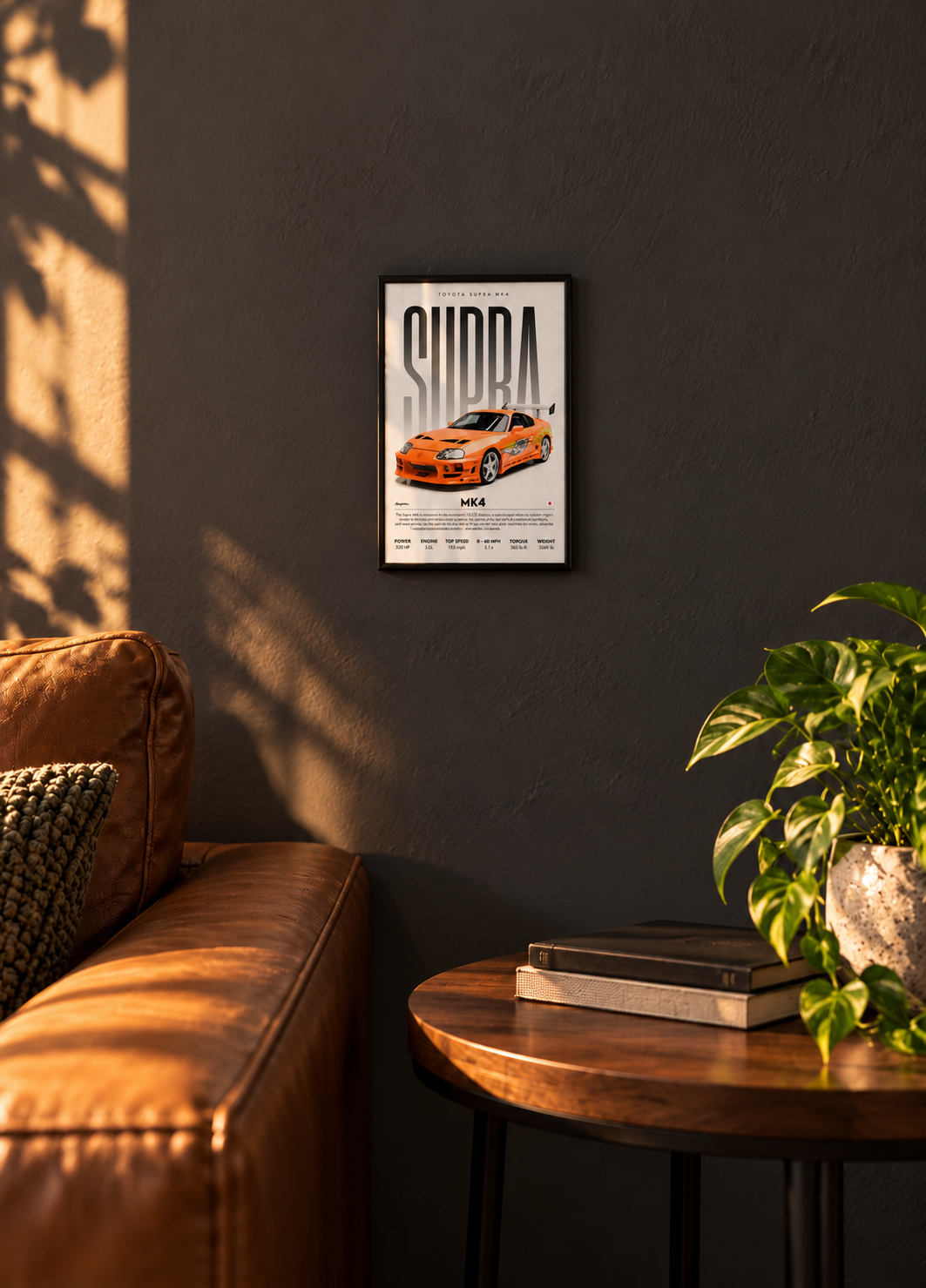 Toyota Supra MK4 — simulation du poster 20 × 30 cm dans un salon, cadre non inclus