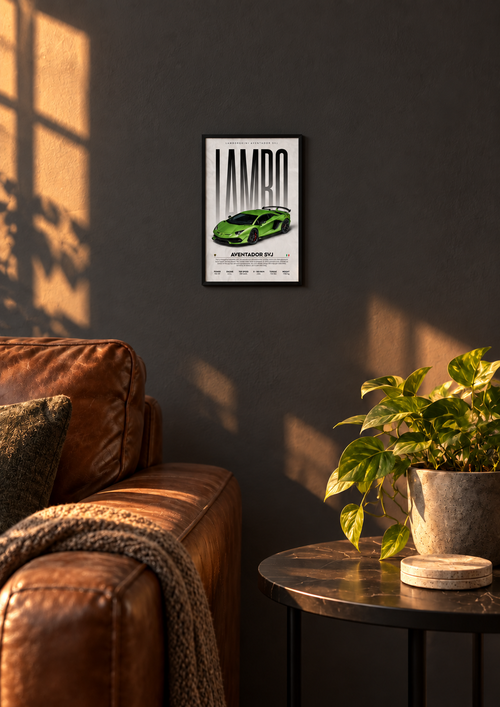 Lamborghini Aventador SVJ — simulation du poster 20 × 30 cm dans un salon, cadre non inclus