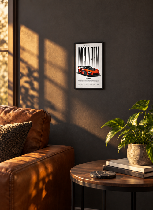 McLaren Senna — simulation du poster 20 × 30 cm dans un salon, cadre non inclus