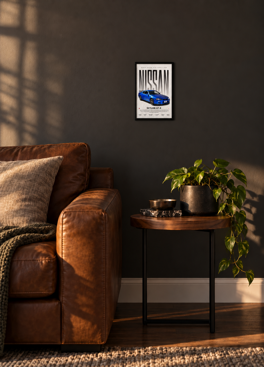Nissan Skyline GT-R R34 — simulation du poster 20 × 30 cm dans un salon, cadre non inclus